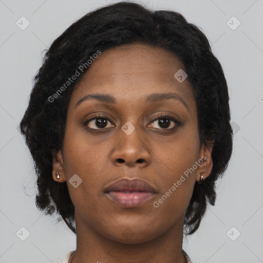 Neutral black young-adult female with long  brown hair and brown eyes