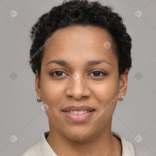 Joyful latino young-adult female with short  brown hair and brown eyes