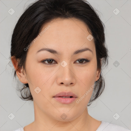 Neutral asian young-adult female with medium  brown hair and brown eyes