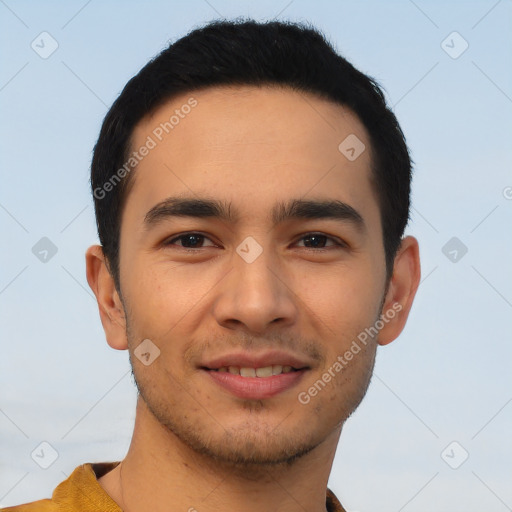 Joyful asian young-adult male with short  black hair and brown eyes