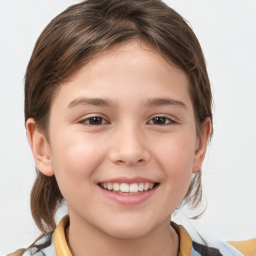 Joyful white child female with medium  brown hair and brown eyes