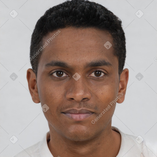 Neutral black young-adult male with short  black hair and brown eyes