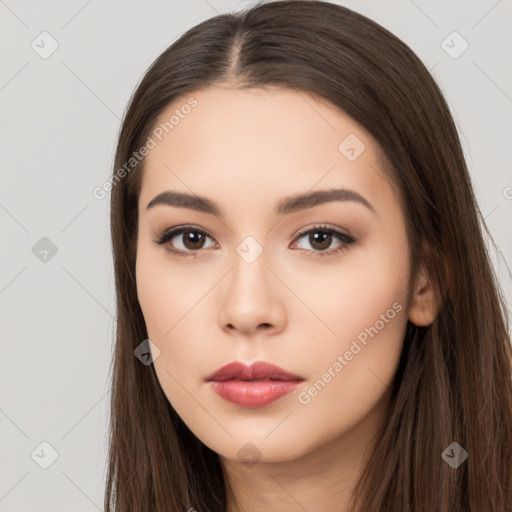 Neutral white young-adult female with long  brown hair and brown eyes