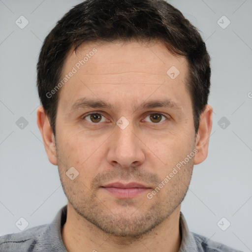 Neutral white adult male with short  brown hair and brown eyes