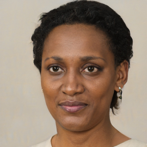 Joyful black adult female with short  black hair and brown eyes
