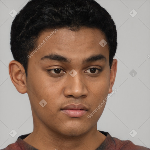 Neutral latino young-adult male with short  brown hair and brown eyes