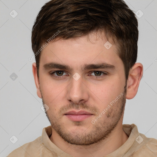 Neutral white young-adult male with short  brown hair and brown eyes