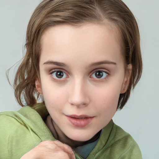 Neutral white child female with medium  brown hair and grey eyes