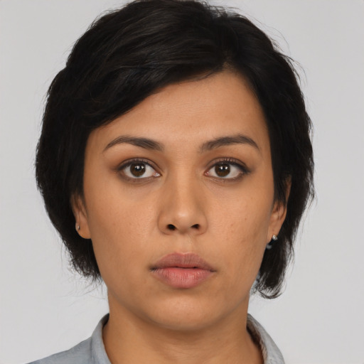 Neutral asian young-adult female with medium  black hair and brown eyes