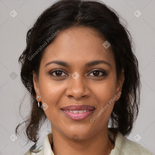 Joyful black young-adult female with medium  brown hair and brown eyes