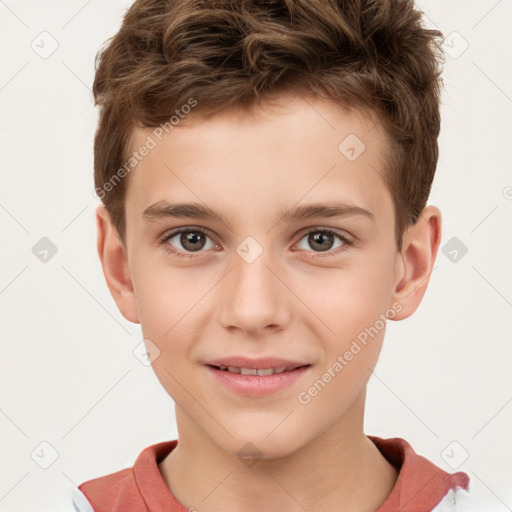 Joyful white child male with short  brown hair and brown eyes