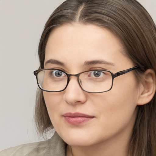 Neutral white young-adult female with long  brown hair and grey eyes