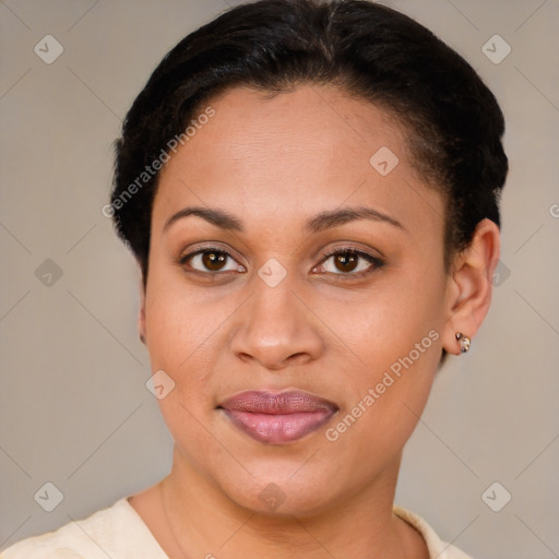 Joyful white young-adult female with short  brown hair and brown eyes