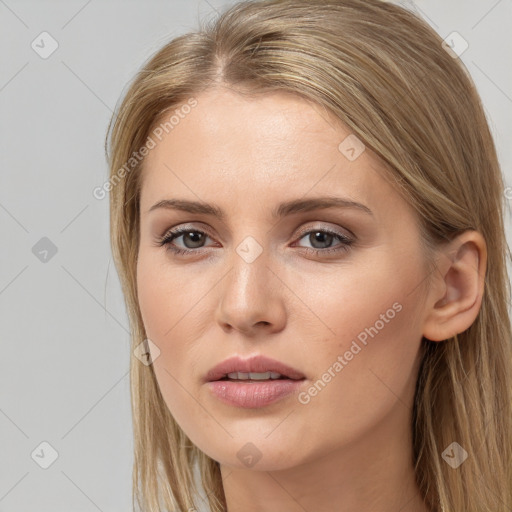 Neutral white young-adult female with long  brown hair and brown eyes