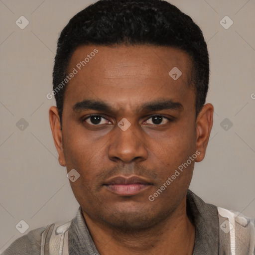 Neutral latino young-adult male with short  black hair and brown eyes