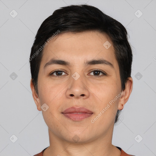 Joyful white young-adult male with short  black hair and brown eyes