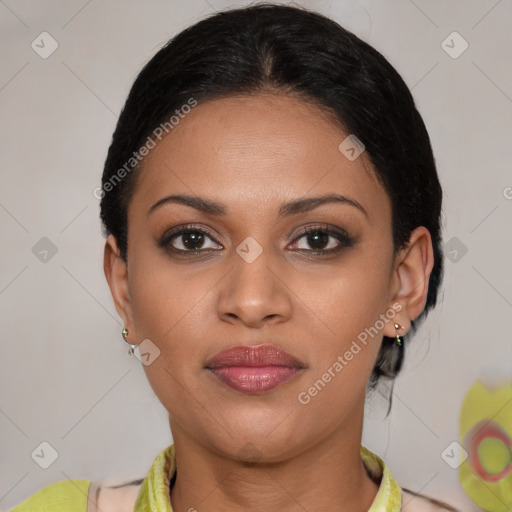 Joyful latino young-adult female with medium  brown hair and brown eyes