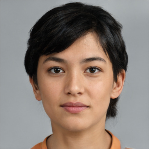 Neutral white young-adult female with medium  black hair and brown eyes