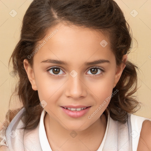 Joyful white child female with medium  brown hair and brown eyes