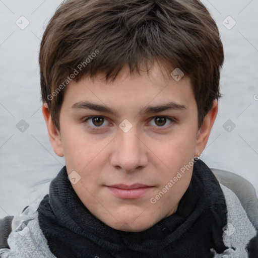 Joyful white child male with short  brown hair and brown eyes