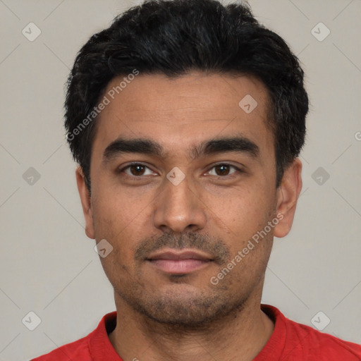 Neutral white young-adult male with short  black hair and brown eyes