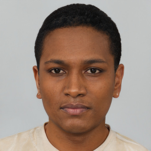 Neutral black young-adult male with short  black hair and brown eyes