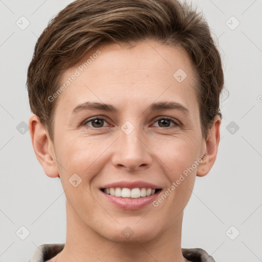 Joyful white young-adult female with short  brown hair and grey eyes