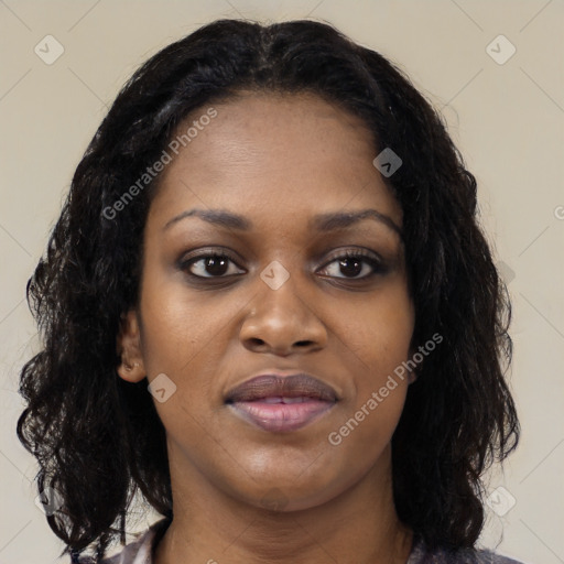 Joyful black young-adult female with medium  black hair and brown eyes