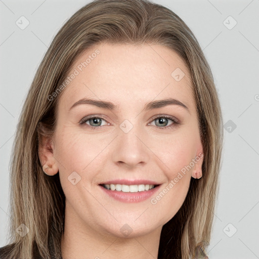 Joyful white young-adult female with long  brown hair and blue eyes