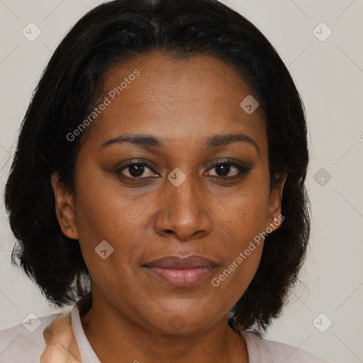 Joyful black adult female with medium  brown hair and brown eyes