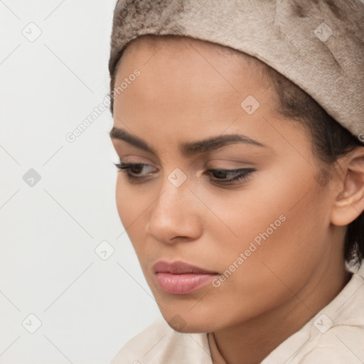 Neutral white young-adult female with short  brown hair and brown eyes