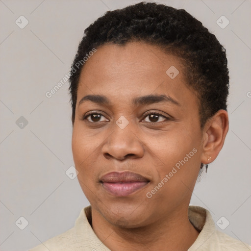 Joyful latino young-adult female with short  black hair and brown eyes