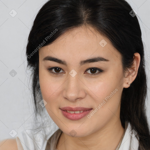 Joyful latino young-adult female with medium  brown hair and brown eyes