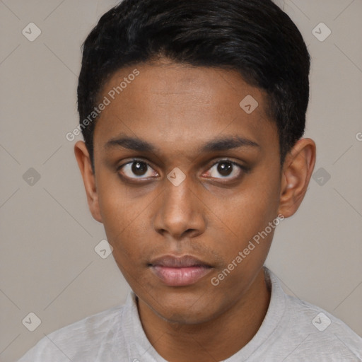 Neutral latino young-adult male with short  black hair and brown eyes