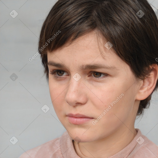 Neutral white young-adult female with short  brown hair and brown eyes