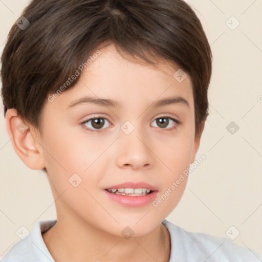 Joyful white child female with short  brown hair and brown eyes