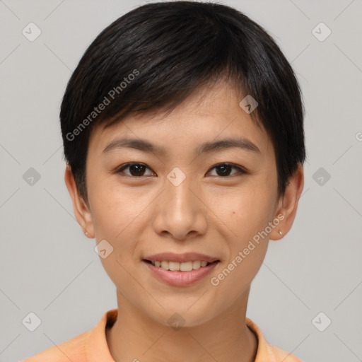 Joyful asian young-adult female with short  brown hair and brown eyes