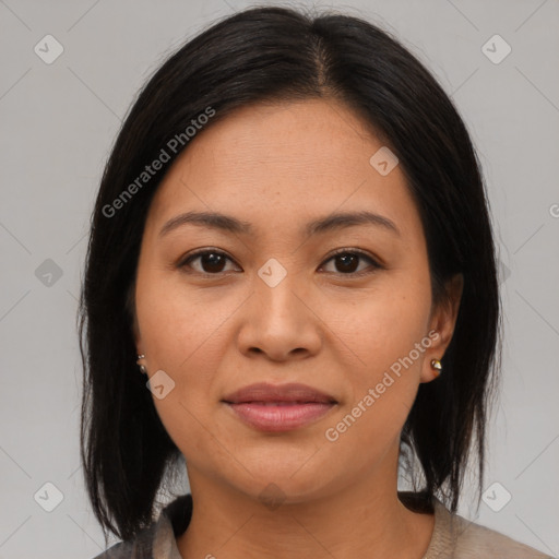 Joyful asian young-adult female with medium  brown hair and brown eyes