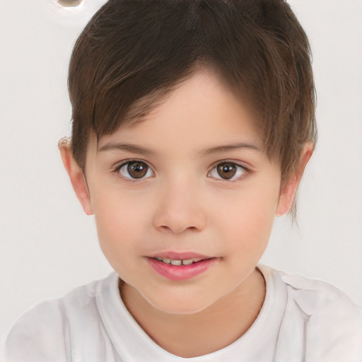 Joyful white child female with short  brown hair and brown eyes