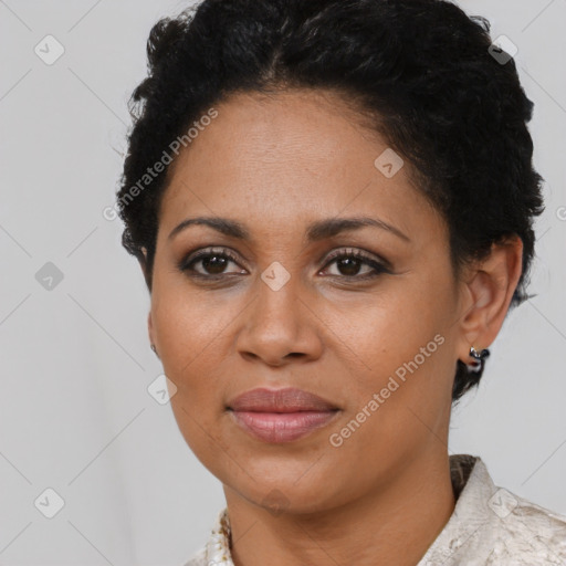 Joyful latino young-adult female with short  brown hair and brown eyes