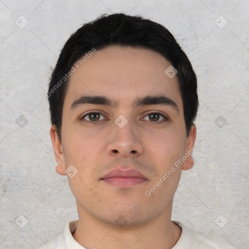 Neutral white young-adult male with short  black hair and brown eyes