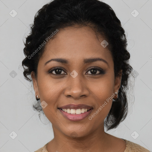 Joyful latino young-adult female with medium  black hair and brown eyes