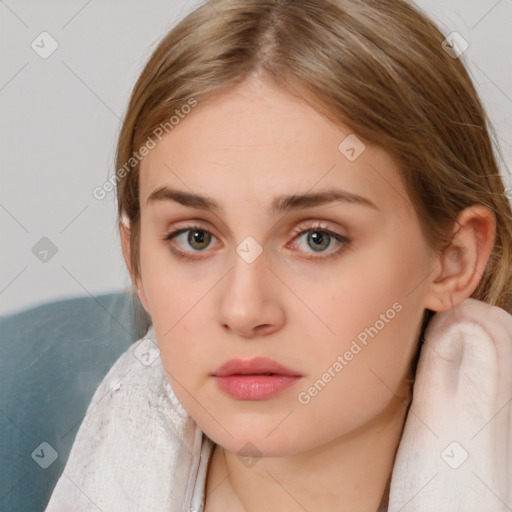 Neutral white young-adult female with medium  brown hair and brown eyes