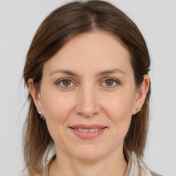 Joyful white adult female with medium  brown hair and grey eyes