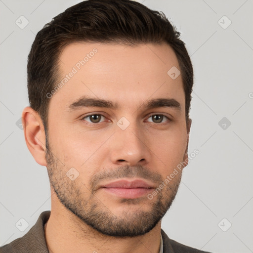 Neutral white young-adult male with short  brown hair and brown eyes