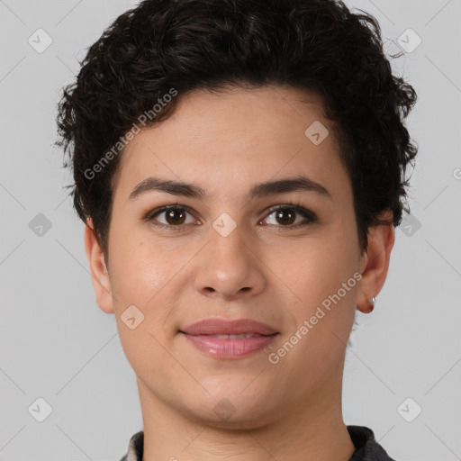 Joyful white young-adult female with short  brown hair and brown eyes