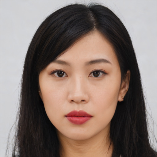 Neutral asian young-adult female with long  black hair and brown eyes