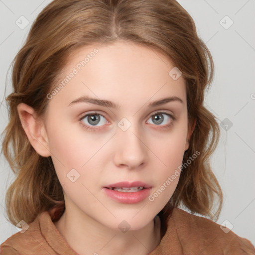 Neutral white young-adult female with medium  brown hair and brown eyes