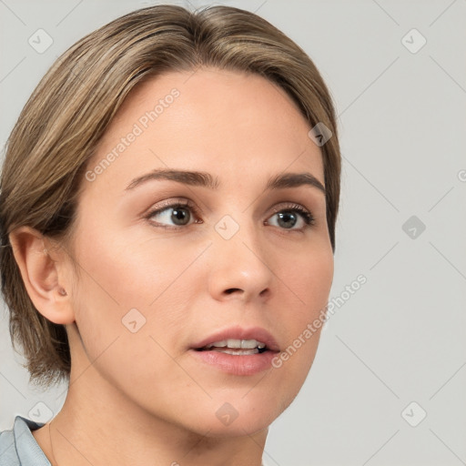 Neutral white young-adult female with medium  brown hair and brown eyes