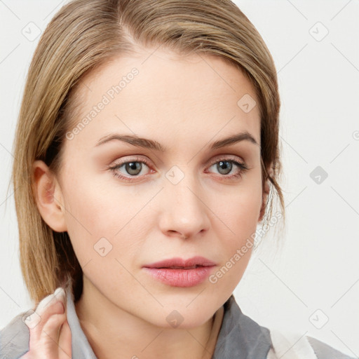 Neutral white young-adult female with medium  brown hair and blue eyes